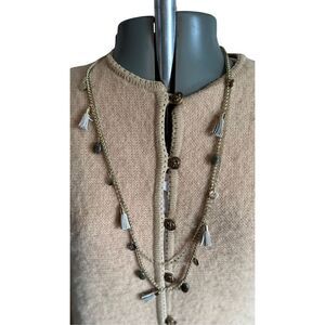 White House Black Market double gold chain with beige tassels and gold spheres